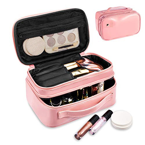 Makeup Bag, Viridian Mist Travel Organizer with Brush Holder, Portable Multifunctional Cosmetic Bag for Women Girls, Zipper Pouch, 2 Layer, Peach Pink (Peach Pink)