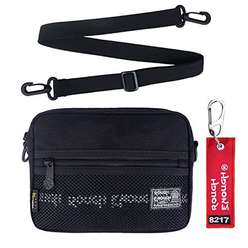 Rough Enough Small Black Crossbody Shoulder Bag for Boys Fanny Pack EDC Bag for Men Women Girls Purse Tote Insert Organizer with Detachable Strap and Keychain for Hiking Cycling Sports School College