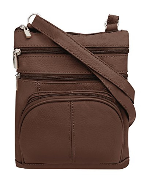 Roma Leathers Crossbody Zippered Purse - 3 Front Pockets, Adjustable Strap - Brown