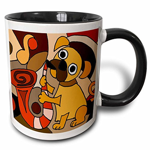 3dRose mug_224776_4 Funny Pug Puppy Dog Playing Saxophone Modern Abstract Art - Two Tone Black Mug, 11oz