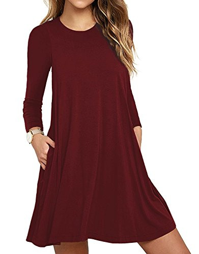 PCEAIIH Women's Casual Plain Simple T-Shirt Loose Pocket Dress with Pockets Wine Red X-Large