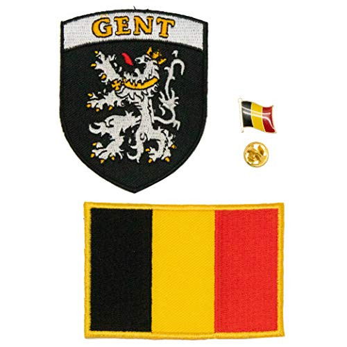A-ONE 3 PCS Pack- Belgium Gent City Sheild Patch Badge + Belgium Embroided Patch + België National Flag Lapel Pin, Ghent Sew-on Patch