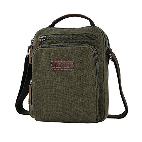 AMJ Small Canvas Messenger Bag, Crossbody Shoulder Bags Vertical Satchel Purse for Travel Work Business Men Women, Green