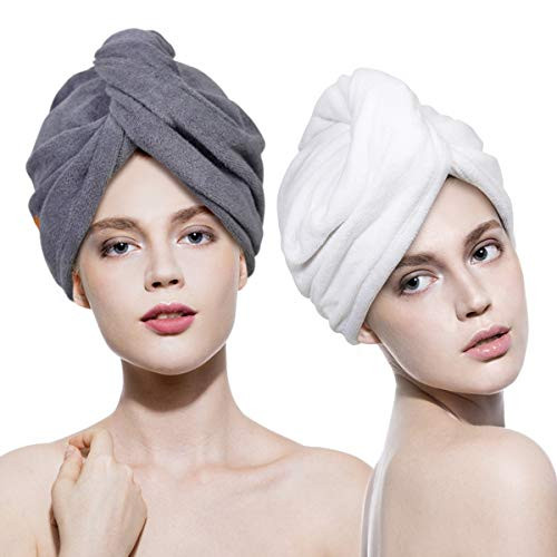 Lovife 2 Pack Hair Towel Wrap Turban Microfiber Head Drying Towels Quick Dry Magic Hat with Button Shower Wrapped Cap Long Curly Hair Anti-Frizz (White and Grey)