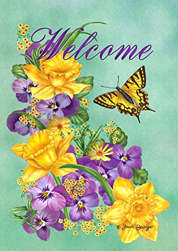 Toland Home Garden Frolic in the Flowers 12.5 x 18 Inch Decorative Purple Yellow Welcome Flower Butterfly Garden Flag