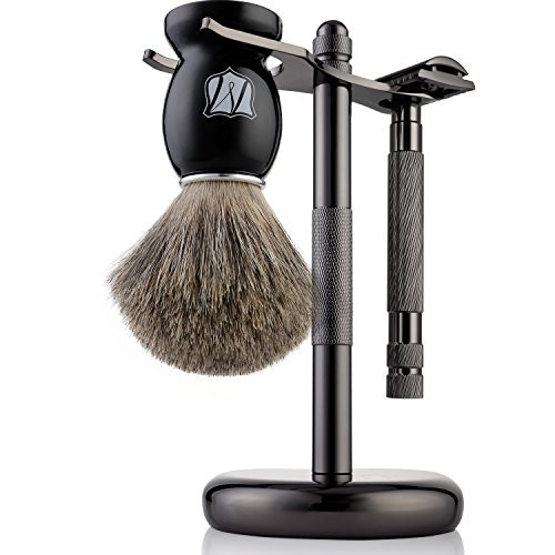 Miusco Men's Shaving Set, Safety Razor, Badger Hair Shaving Brush, Shaving Stand, Dark Chrome, Fathers Day Gifts for Dad