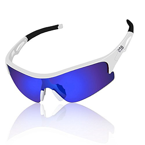 O2O Polarized Sports Sunglasses for Men Women Teens Running Driving Golf Durable Frame (White, Blue)