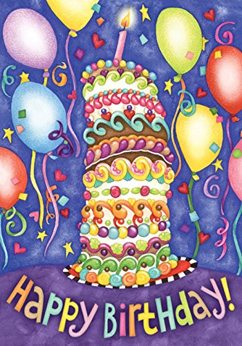 Toland Home Garden Happy Birthday 12.5 x 18 Inch Decorative Colorful Cake Party Balloon Garden Flag