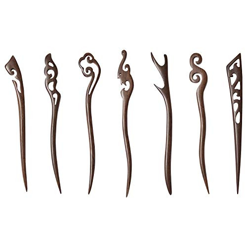 7 Pack Vintage Retro Handmade Ancient Chinese Japanese Black Wood Chopsticks Hair Pins Picks Wooden Sandalwood Carved Hollow Long Horn Fork Pen Hairpins Sticks Clips Barrettes for Hair Bun Chignon
