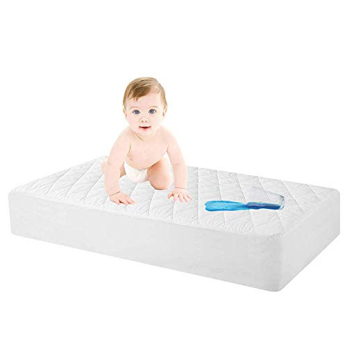 100% Waterproof Quilted Fitted Crib Mattress Protector, Soft Breathable Organic Bamboo Baby Waterproof Mattress Pad, Natural Hypoallergenic Vinyl Free Mattress Cover for Stains, Dust Mite Proof