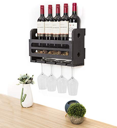 SODUKU Wall Mounted Wooden Wine Rack 5 Wine Bottles and 4 Stem Glasses Holder Wine Cork Storage Rack Espresso