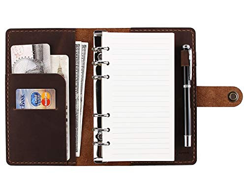 Binder Journal Organizer Planner, Writing Composition Notebook Diary, Handmade Refillable A6 Spiral Leather Travel Notebook, Brown