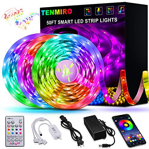 50FT LED Strip Lights, Tenmiro Smart Led Lights Strip SMD5050 Music Sync Color Changing RGB Lights APP Bluetooth Control + Remote, LED Lights for Bedroom Party Home Decoration(16.4ft X 3) 50FT LED Strip Lights, Tenmiro Smart Led Lights Strip SMD5050 Music Sync Color Changing RGB Lights APP Bluetooth Control + Remote, LED Lights for Bedroom Party Home Decoration(16.4ft X 3)