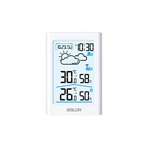 BALDR Indoor & Outdoor Thermometer and Hygrometer with White Backlight, Digital Wireless Weather Station, Temperature Monitor & Humidity Gauge, Battery-Operated - White
