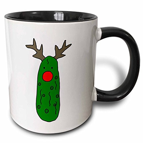 3dRose mug_220478_4 Funny Pickle with Red Nose and Antlers like Rudolph Reindeer - Two Tone Black Mug, 11oz