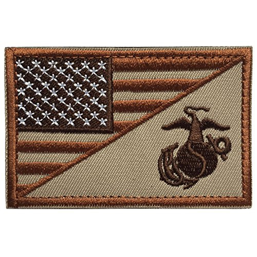 SpaceCar USA American Flag w/Marine Corps USMC Military Tactical Morale Badge Patch 3" x 1.97" Sized - Brown