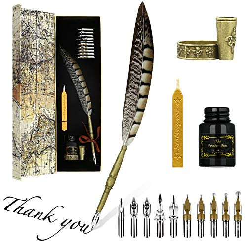 IPLETIX Calligraphy Pen Set Writing Quill Ink Dip Pen Set With Feather Ink Pen & 10Nibs & Ink & Pen Holder & Wax Seal Stick