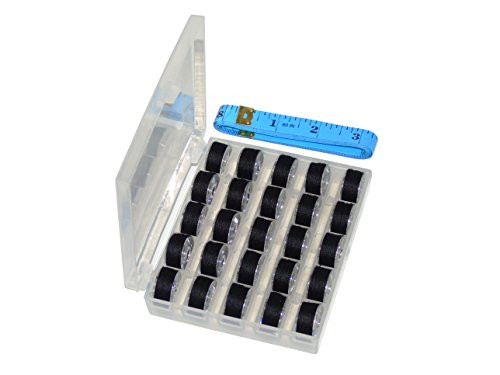 Ceeyali Bobbin Box Sewing Thread Organizer With 25 Clear Sewing Machine Bobbins and Black Cotton Thread for Brother Singer Babylock Kenmore Janome etc