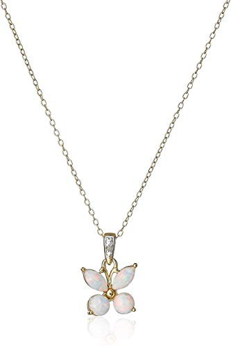 18K Yellow Gold and Rhodium Plated Sterling Silver Created White Opal Butterfly Pendant Necklace