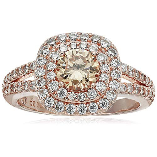 14K Rose Gold-Plated .925 Sterling Silver Champagne & White Cubic Zirconia 1/2" Cushion-Shaped Double-Halo Ring - Size 7