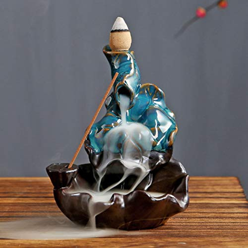 Blue Lotus Ceramic Censer Backflow Incense Holder Waterfall Incense Burner, Aromatherapy Ornament Creative Home Decor with 10 Backflow Incense Cones Free (90x90x115mm)