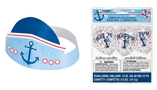 Pack of 6 Unique Industries Nautical Boys First Birthday Party Hats with Pack of 6 Unique Industries 12" Nautical Boys First Birthday Confetti Balloons