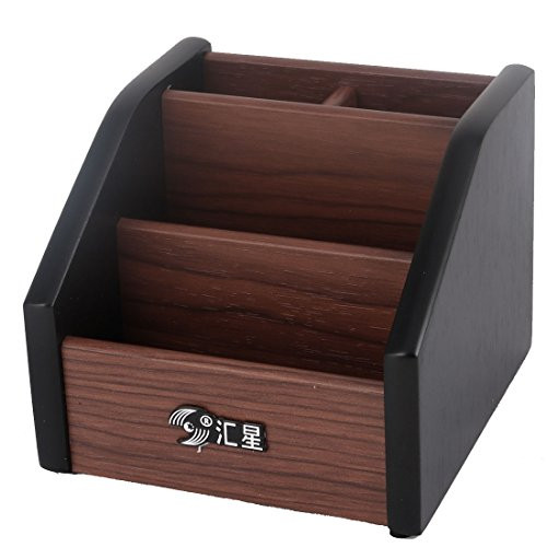 uxcell Wooden Office Desktop 4 Compartments Storage Remote Control Pen Holder Organizer