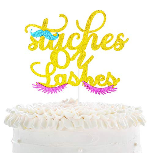 Staches Or Lashes Gender Reveal Cake Topper - Gold Glitter Mustache Eyelash Cake Décor - Boy Or Girl He Or She Pink Or Blue Baby Shower Decoration Staches Or Lashes Gender Reveal Cake Topper - Gold Glitter Mustache Eyelash Cake Décor - Boy Or Girl He Or She Pink Or Blue Baby Shower Decoration