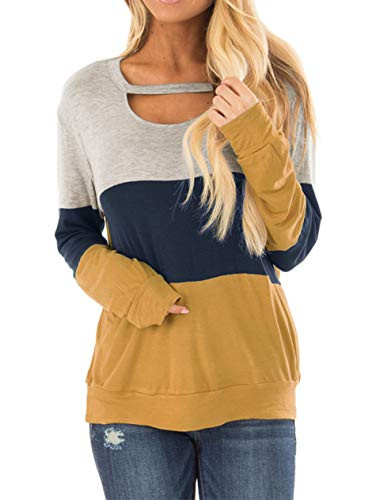 Minclouse Women's Color Block Long Sleeves Tunic Cutout Choker Tops Crew Neck Casual Loose Blouses Cute Sweatshirts
