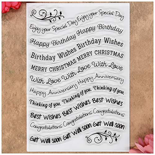 Kwan Crafts Word Happy Birthday Merry Christmas With Love Happy Anniversary Congratulations Get Well Soon Clear Stamps for Card Making Decoration and DIY Scrapbooking