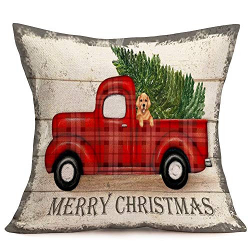Aremazing Red Truck and Christmas Tree Throw Pillow Covers Cotton Linen Square Pillow Case Cushion Cover Home Decorative for Sofa 18x18 (Merry Christmas & Dog) Aremazing Red Truck and Christmas Tree Throw Pillow Covers Cotton Linen Square Pillow Case Cushion Cover Home Decorative for Sofa 18x18 (Merry Christmas & Dog)