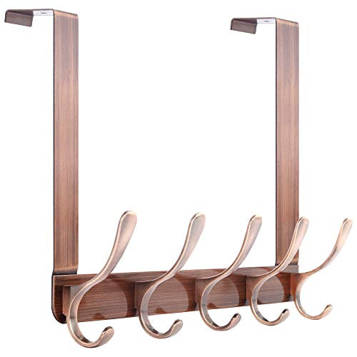 SKOLOO Over The Door Hook Coat Rack - 5 Hooks, Sturdy Metal Coat Hook Door Hanger, Over Door Hook for Hanging Clothes/Coat/Towel/Robes/Purse, Retro Red