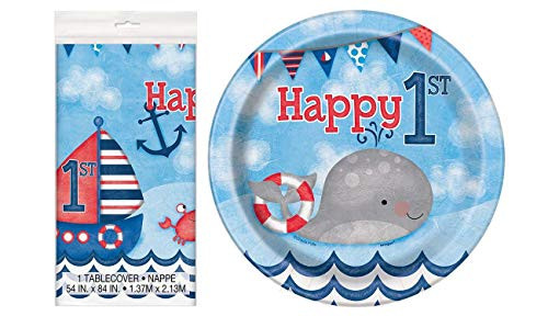 Unique Industries Nautical Boys 1st Birthday Plastic Tablecloth, 84" x 54" with Pack of 8 Unique Industries 7" Nautical Boys First Birthday Paper Dessert Plates