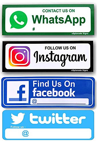 eSplanade FIND US ON Facebook,Twitter and Instagram,Whatsapp Sign Sticker Decal Combo (Set of 4) - Easy to Mount Weather Resistant Long Lasting Ink Size (9" x 3")