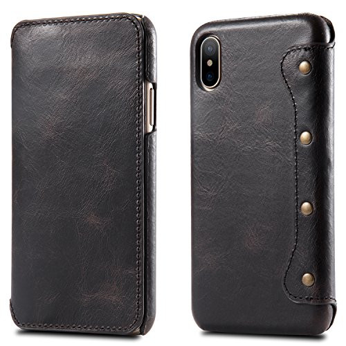 iPhone X/iPhone Xs Case, Reginn Waxed Leather Folio with [Card Slot] [Cash Pocket] and [Stand Function] [Qi Charging Compatible] Leather Wallet Case for iPhone X/iPhone Xs (Black)