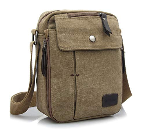 Ecokaki(TM) Canvas Small Messenger Bag Casual Shoulder Bag Travel Organizer Bag Multi-pocket Purse Handbag Crossbody Bags, Khaki by Ecokaki