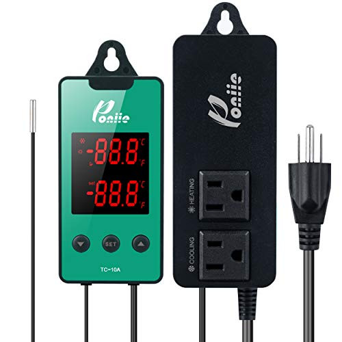 Poniie TC-10A Digital Heat Mat Reptile Thermostat ?/? Dual Display Heating & Cooling Controller for Seed Germination, Reptiles and Brewing w/Calibration Function