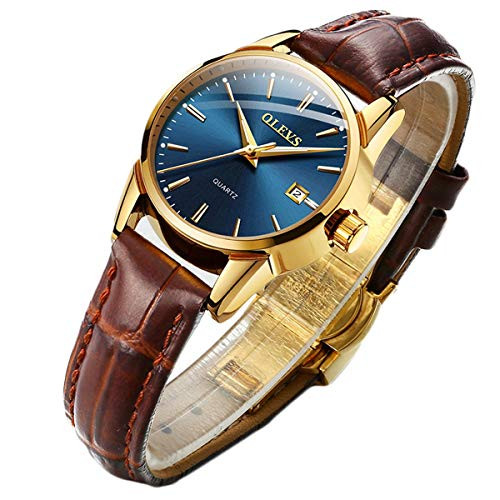 Business Leather Women Watches-OLEVS Ladies Dress Analog Quartz Date Classic Luminous Blue Dial Brown Leather Strap 3ATM Waterproof Female Wrist Watch