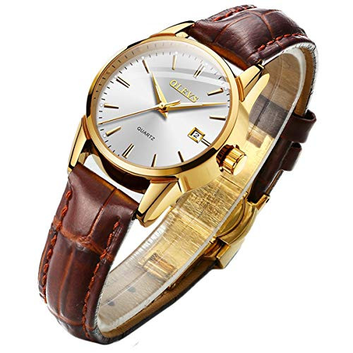 Business Leather Women Watches-OLEVS Ladies Dress Analog Quartz Date Classic Luminous White Dial Brown Leather Strap 3ATM Waterproof Female Wrist Watch