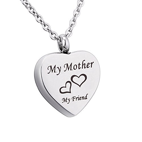KY Engraved My Mother+My Friend Heart Memorial Urn Pendant Necklace Stainless Steel Ashes Keepsake Cremation Jewelry