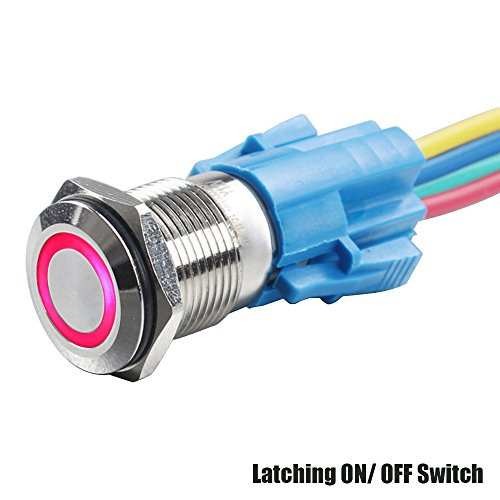Yakamoz DC12V 16mm 5/8" Red Ring Led Metal Self-locking Latching Push Button Switch Car DIY Switch Silver with Wired Connector Adapter Socket Plug