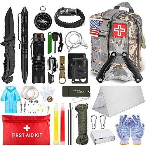 TAIMASI 100PCS Emergency Survival Kit and First Aid Kit, Professional Survival Gear Tool with Tactical Molle Pouch and Emergency Tent for Earthquake, Outdoor Adventure, Camping, Hiking, Hunting TAIMASI 100PCS Emergency Survival Kit and First Aid Kit, Professional Survival Gear Tool with Tactical Molle Pouch and Emergency Tent for Earthquake, Outdoor Adventure, Camping, Hiking, Hunting