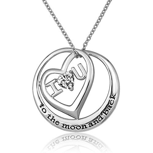 Charmed Craft 925 Sterling Silver Circle I Love You to The Moon Back Heart Birthstone Crystal Pendant Necklace 18''
