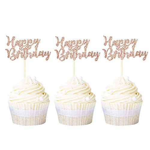Ercadio 36 Pack Happy Birthday Cupcake Toppers Rose Gold Glitter Cake Picks for Celebrating Birthday Party Decorations Supplies