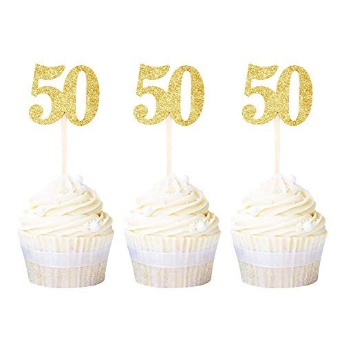 Ercadio 24 Pack Number 50 Cupcake Toppers Double Sided Gold Glitter Fifty 50th Birthday Cupcake Picks Wedding Anniversary Party Cake Decorations