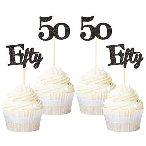 Ercadio 24 Pack Number 50 Cupcake Toppers Black Glitter Age fifty 50th Birthday Cupcake Picks Wedding Anniversary Party Cake Decorations Supplies