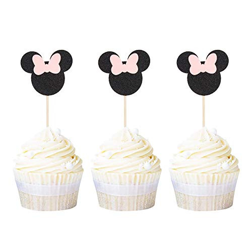 Ercadio 24 Pack Minnie Mouse Inspired Cupcake Toppers with Pink Bow Black Glitter Cupcake Picks Baby Shower Kids Birthday Party Cake Decorations