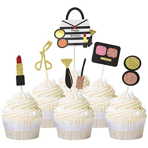 Ercadio 21 Pack Glitter Makeup Cupcake Toppers Bachelorette Party Cupcake Picks Bridal Shower Girl Happy Birthday Party Cake Decoration Supplies