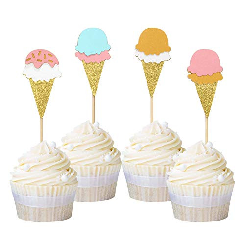 Ercadio 24 Pack Ice Cream Cupcake Toppers Glitter Cupcake Picks for Baby Shower Birthday Summer Hawaii Theme Party Cake Decors