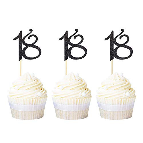 Ercadio Black Glitter 18 Cupcake Toppers Age Eighteen Cupcake Picks Anniversary 18th Birthday Party Decoration Supplies 24 PCS